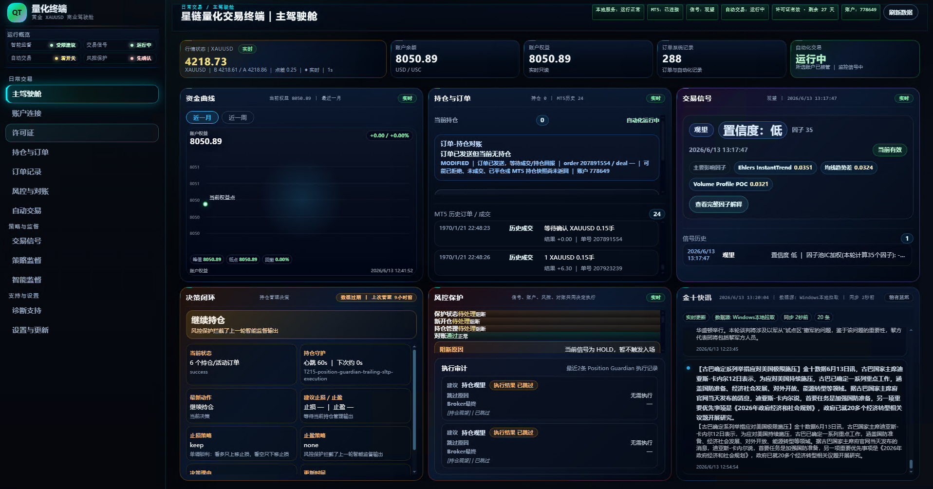 星链量化真实客户端主工作台截图，展示账户状态、资金曲线、持仓订单、交易信号、决策说明、风险保护和市场快讯